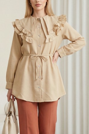 Linen Tunic with Double Layer Ruffled Collar, Buttoned Waist, and Drawstring -Light Mink