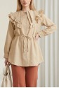 Linen Tunic with Double Layer Ruffled Collar, Buttoned Waist, and Drawstring -Light Mink