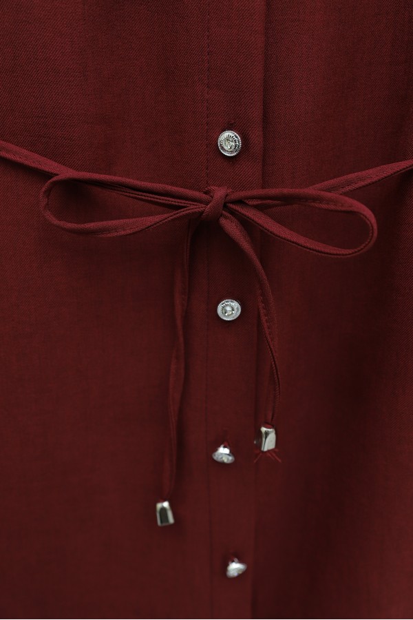 Linen Tunic with Double Layer Ruffled Collar, Buttoned Waist, and Drawstring -Maroon