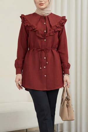 Linen Tunic with Double Layer Ruffled Collar, Buttoned Waist, and Drawstring -Maroon