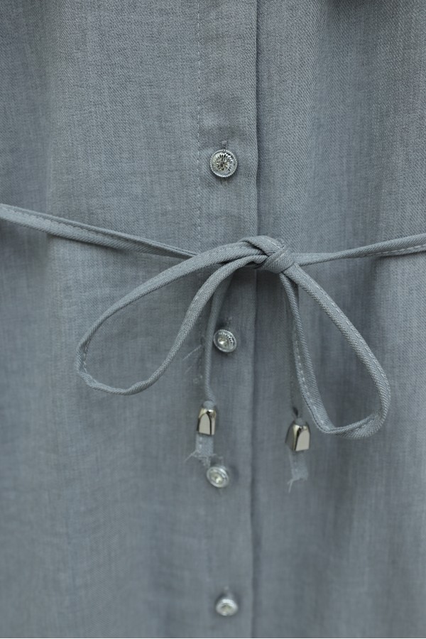 Linen Tunic with Double Layer Ruffled Collar, Buttoned Waist, and Drawstring -Grey