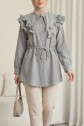 Linen Tunic with Double Layer Ruffled Collar, Buttoned Waist, and Drawstring -Grey