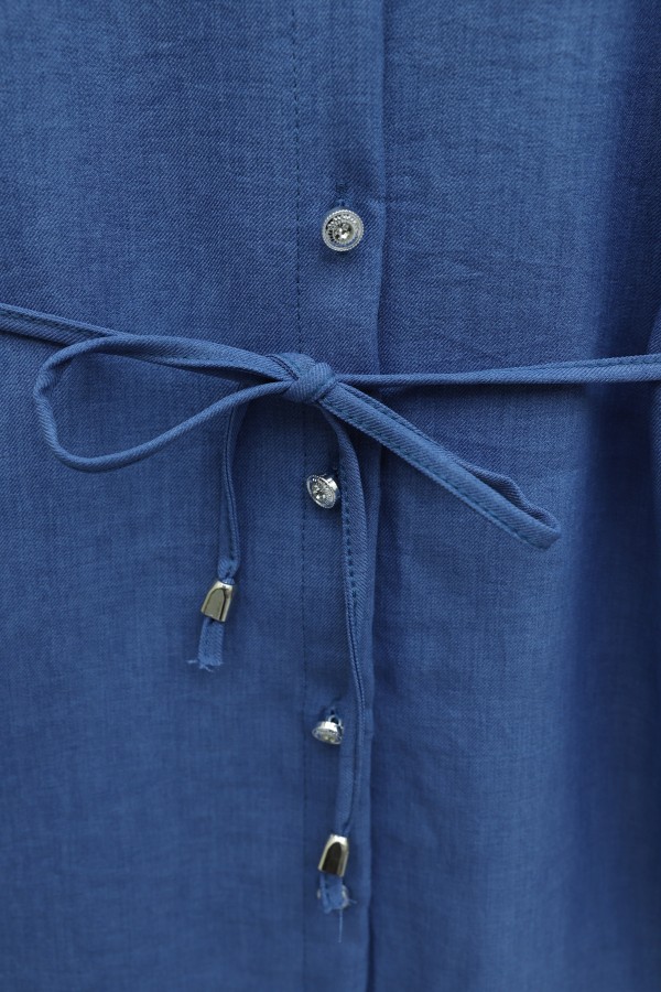 Linen Tunic with Double Layer Ruffled Collar, Buttoned Waist, and Drawstring -İndigo