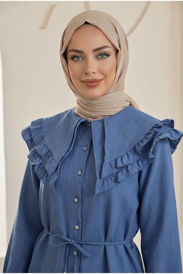 Linen Tunic with Double Layer Ruffled Collar, Buttoned Waist, and Drawstring -İndigo