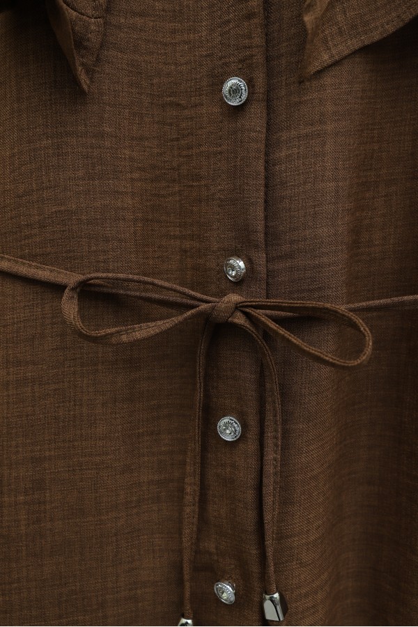 Linen Tunic with Double Layer Ruffled Collar, Buttoned Waist, and Drawstring -Brown