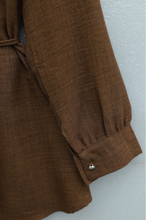 Linen Tunic with Double Layer Ruffled Collar, Buttoned Waist, and Drawstring -Brown