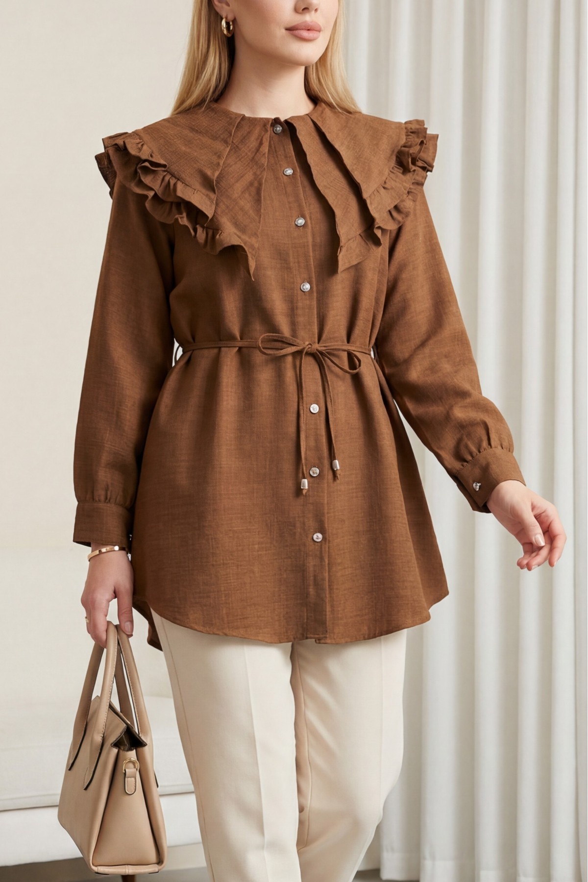 Linen Tunic with Double Layer Ruffled Collar, Buttoned Waist, and Drawstring -Brown