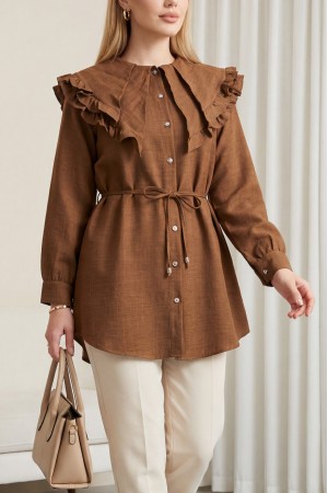 Linen Tunic with Double Layer Ruffled Collar, Buttoned Waist, and Drawstring -Brown