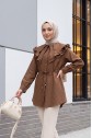 Linen Tunic with Double Layer Ruffled Collar, Buttoned Waist, and Drawstring -Brown