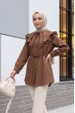 Yakası Çift Kat Fırfırlı Düğmeli Beli Bağcıklı Keten Görünümlü Tunik -Kahverengi