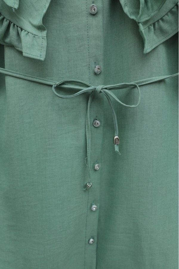 Linen Tunic with Double Layer Ruffled Collar, Buttoned Waist, and Drawstring -Mint Color