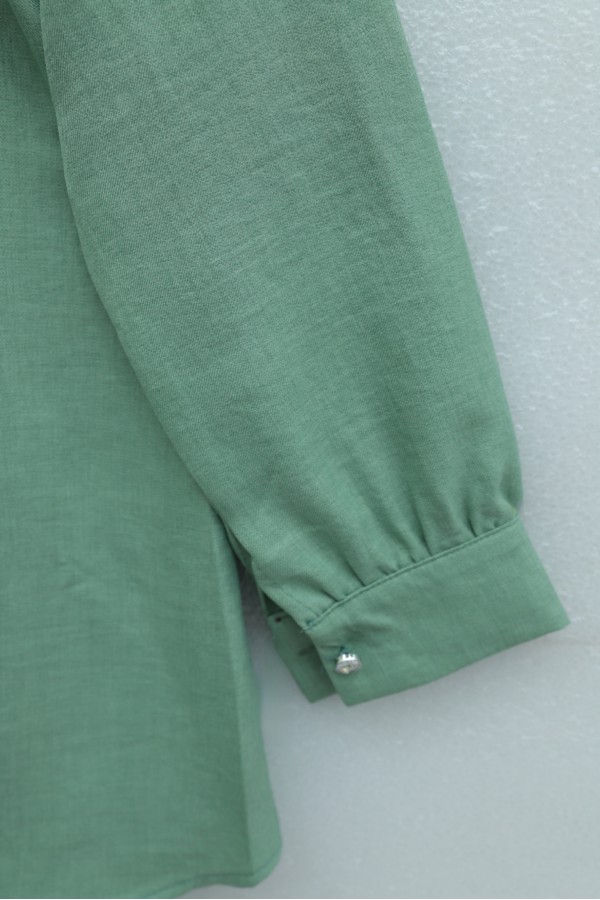 Linen Tunic with Double Layer Ruffled Collar, Buttoned Waist, and Drawstring -Mint Color