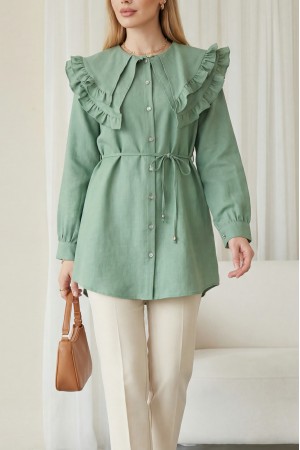 Linen Tunic with Double Layer Ruffled Collar, Buttoned Waist, and Drawstring -Mint Color