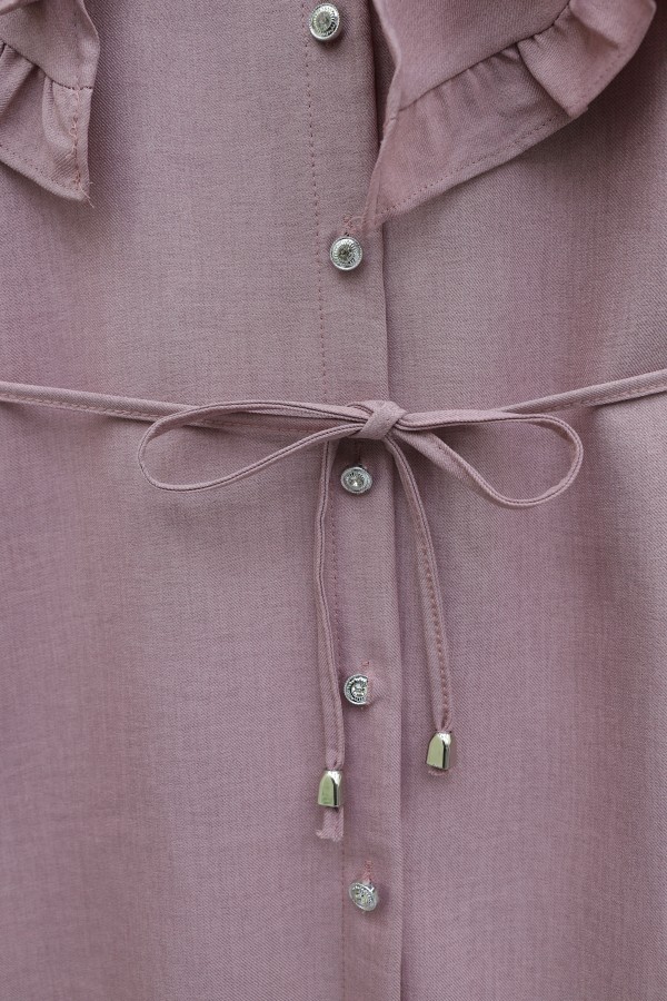 Linen Tunic with Double Layer Ruffled Collar, Buttoned Waist, and Drawstring -Powder