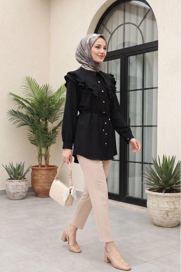 Linen Tunic with Double Layer Ruffled Collar, Buttoned Waist, and Drawstring -Black