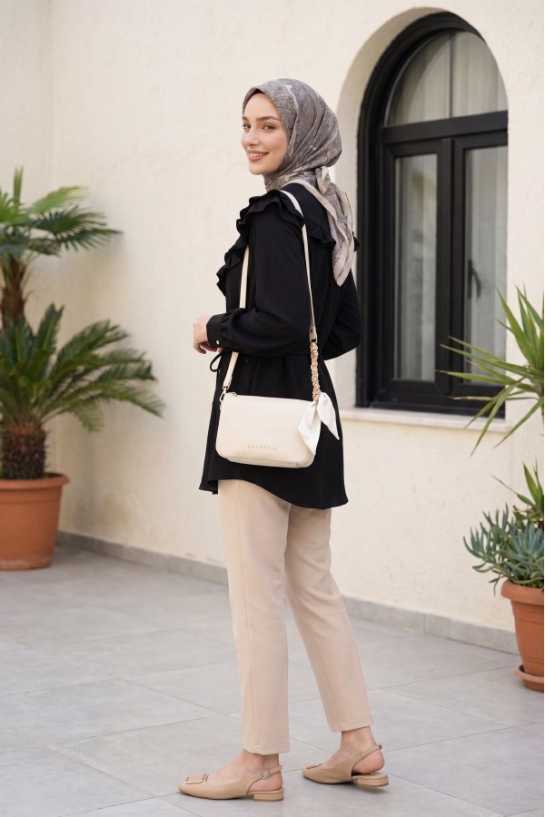 Linen Tunic with Double Layer Ruffled Collar, Buttoned Waist, and Drawstring -Black