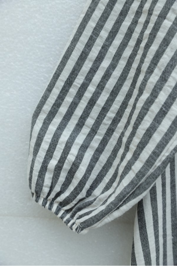 Shirt Collar Half-Button Buckle Side Tie Striped Linen Dress -Anthracite
