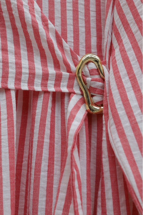 Shirt Collar Half-Button Buckle Side Tie Striped Linen Dress -Red