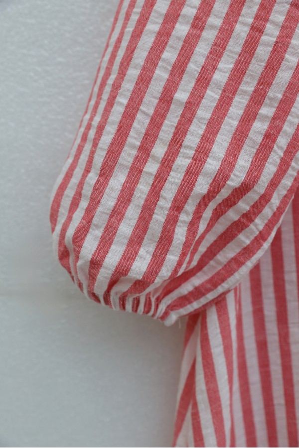 Shirt Collar Half-Button Buckle Side Tie Striped Linen Dress -Red