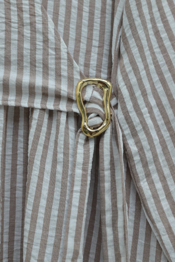 Shirt Collar Half-Button Buckle Side Tie Striped Linen Dress -Mink color