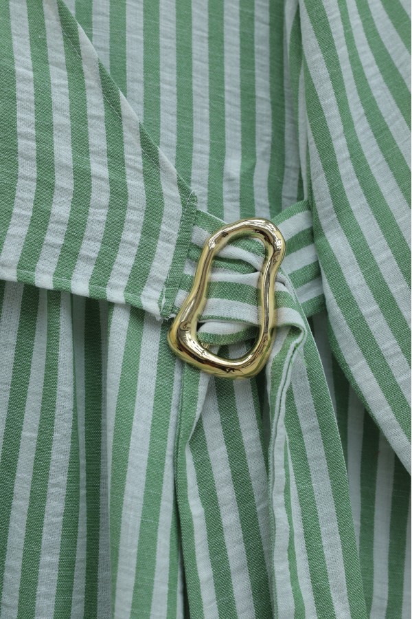 Shirt Collar Half-Button Buckle Side Tie Striped Linen Dress -Green