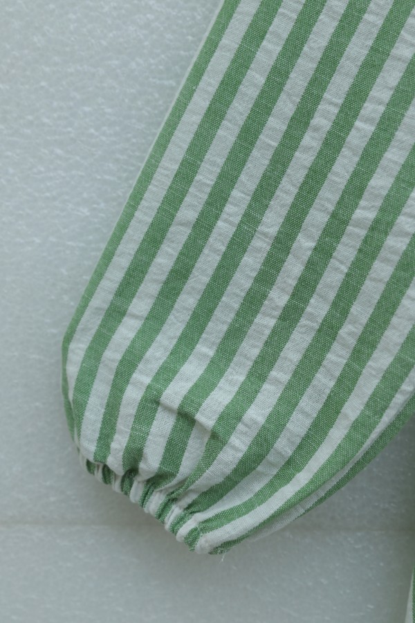 Shirt Collar Half-Button Buckle Side Tie Striped Linen Dress -Green