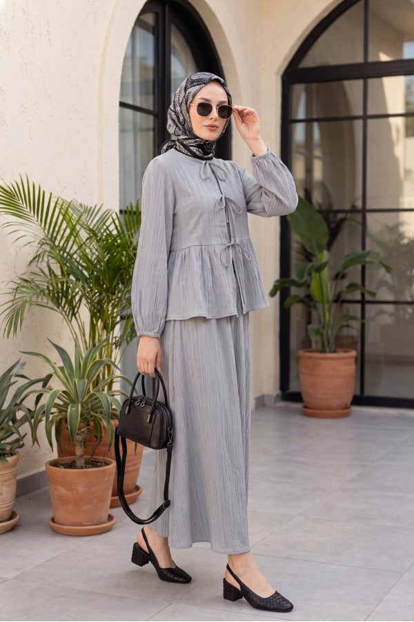 Front-tie, elasticated sleeve, crinkle kimono set with skirt. - Light grey