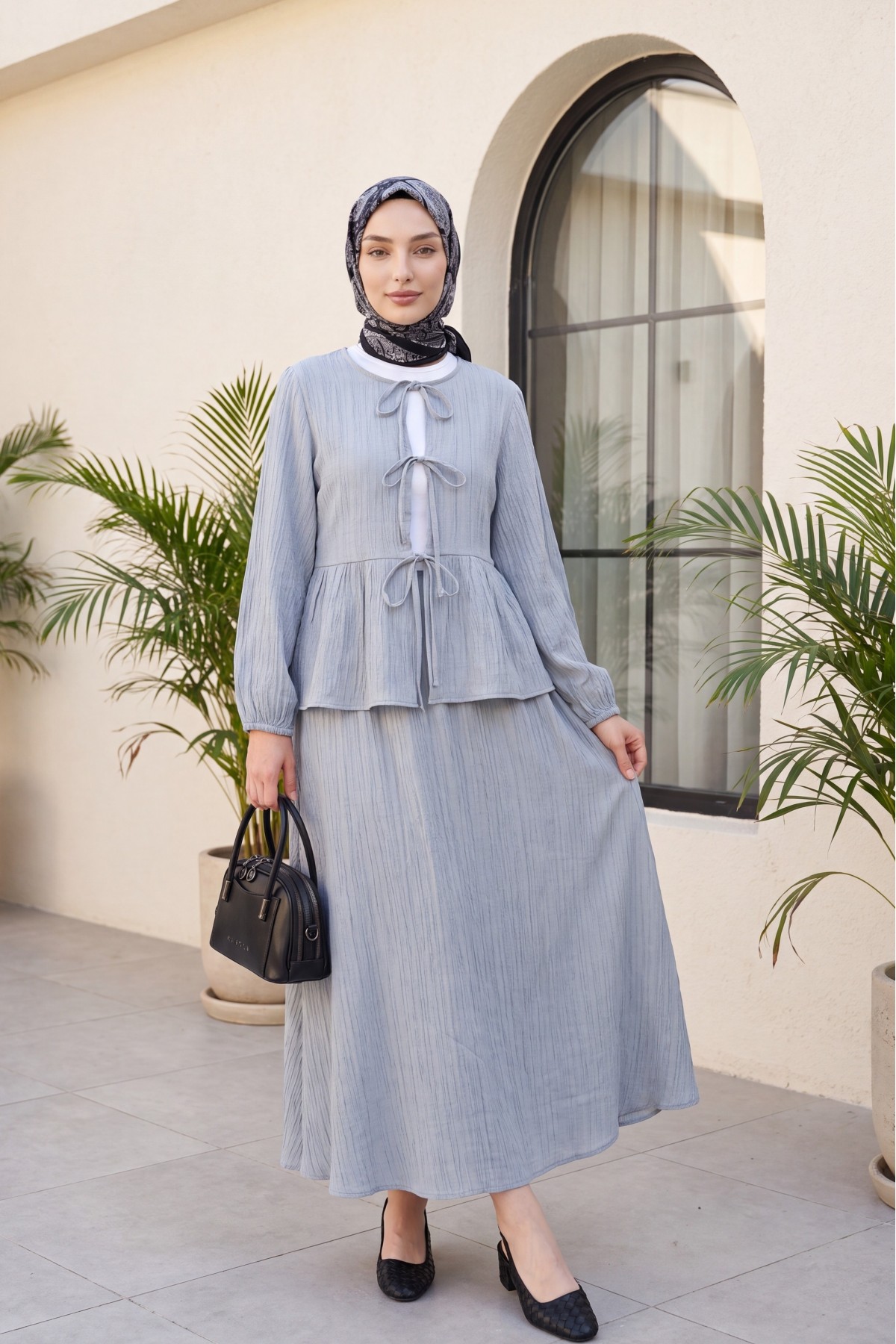 Önü Bağlamalı Kolu Lastikli Etekli Krinkıl Kimono Takım -Açık Gri