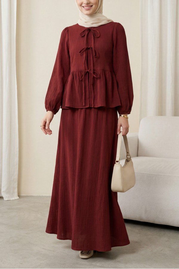 Önü Bağlamalı Kolu Lastikli Etekli Krinkıl Kimono Takım -Bordo