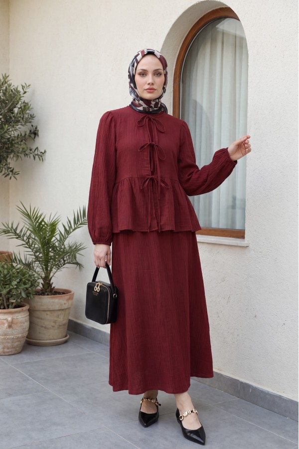Önü Bağlamalı Kolu Lastikli Etekli Krinkıl Kimono Takım -Bordo