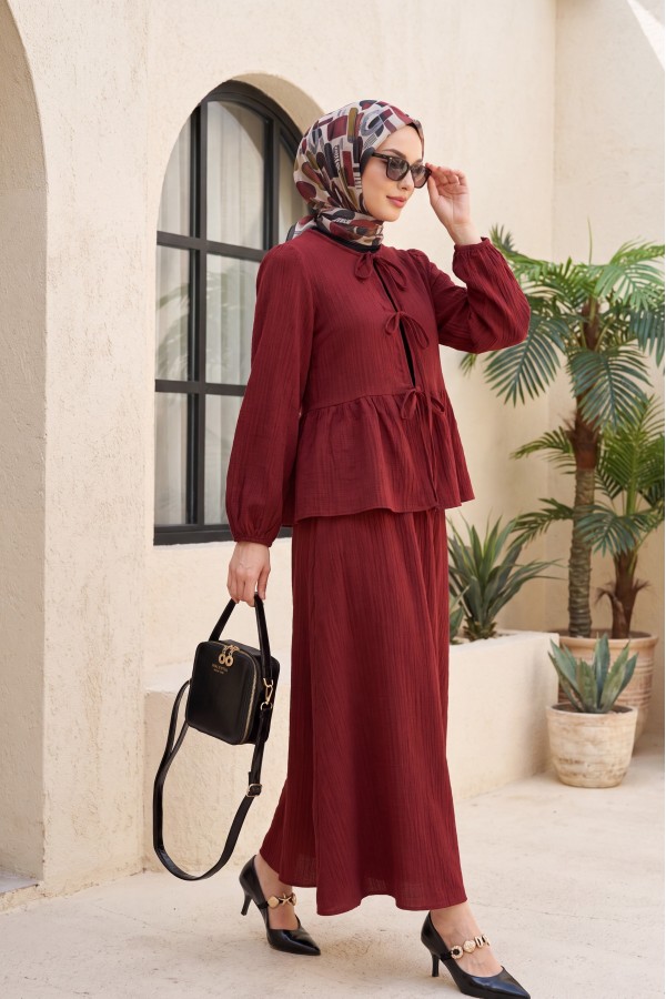 Önü Bağlamalı Kolu Lastikli Etekli Krinkıl Kimono Takım -Bordo