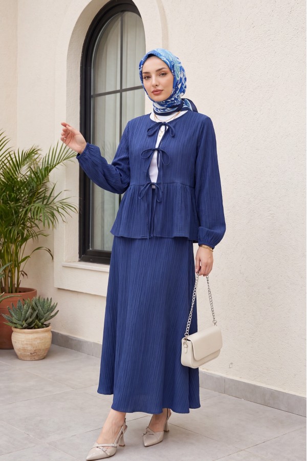 Önü Bağlamalı Kolu Lastikli Etekli Krinkıl Kimono Takım -İndigo