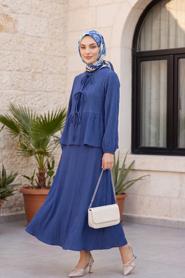 Önü Bağlamalı Kolu Lastikli Etekli Krinkıl Kimono Takım -İndigo
