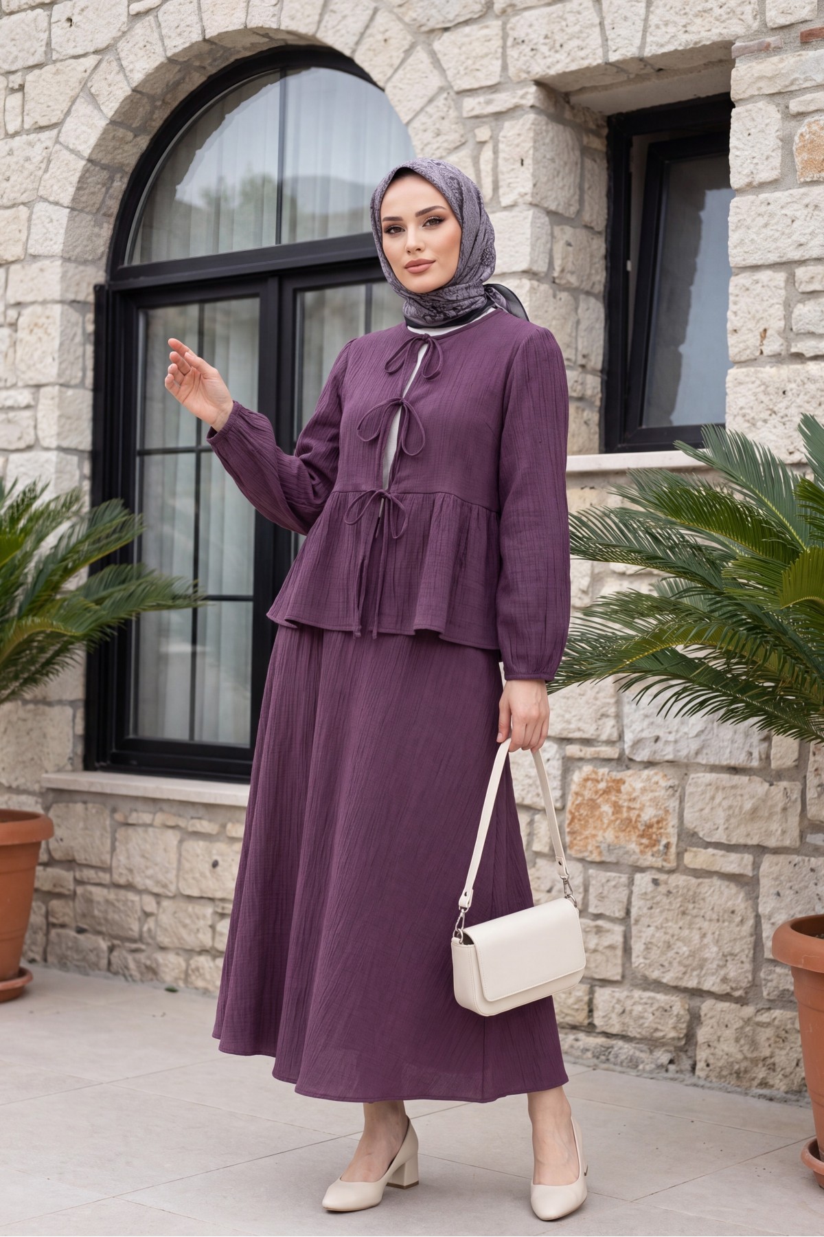 Front-tie, elasticated sleeve, crinkle kimono set with skirt. -Damson