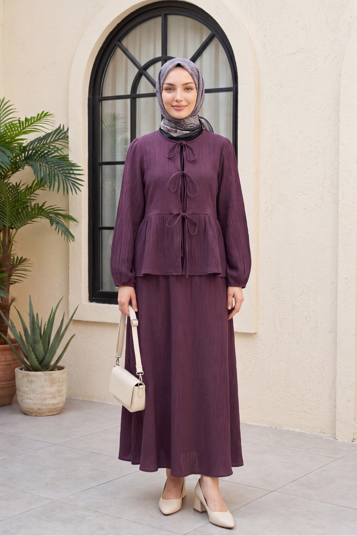 Front-tie, elasticated sleeve, crinkle kimono set with skirt. -Damson