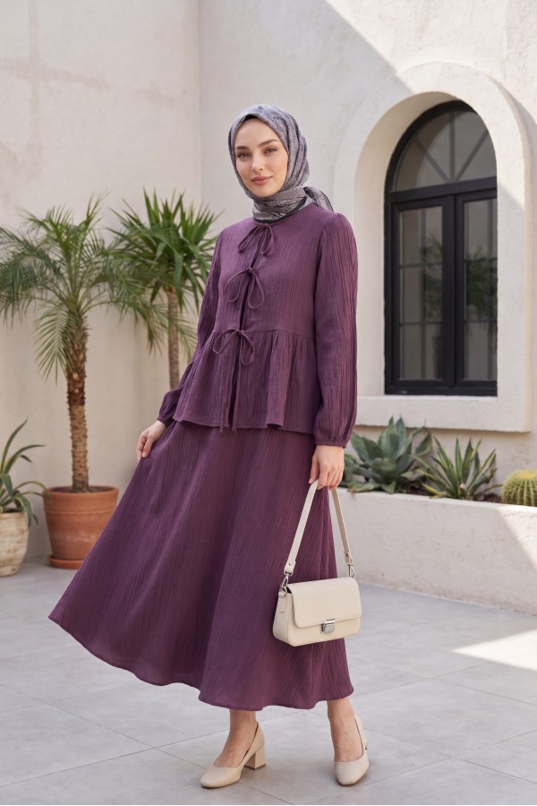 Önü Bağlamalı Kolu Lastikli Etekli Krinkıl Kimono Takım -Mürdüm