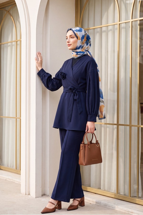 V-Neck Double Set with Rose Brooch, Belt, Balloon Sleeves, Pleated Waist, and Elasticated Waist Trousers -Navy blue