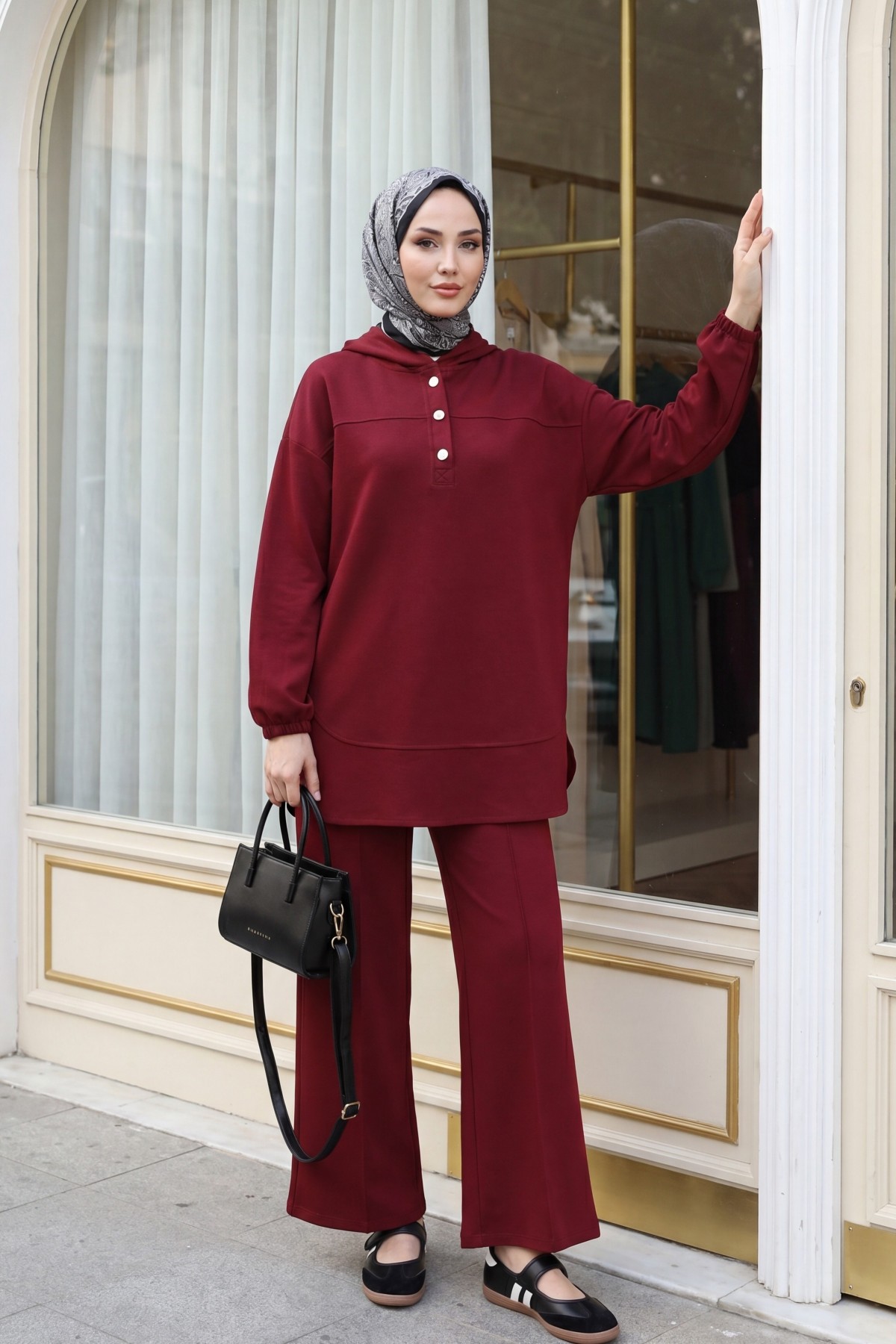Hooded, Half-Buttoned, Elasticated Cuff Pants with Pockets Oysho Set -Maroon