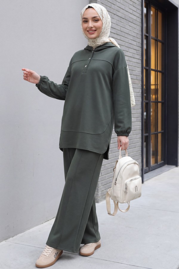 Hooded, Half-Buttoned, Elasticated Cuff Pants with Pockets Oysho Set -Camouflage