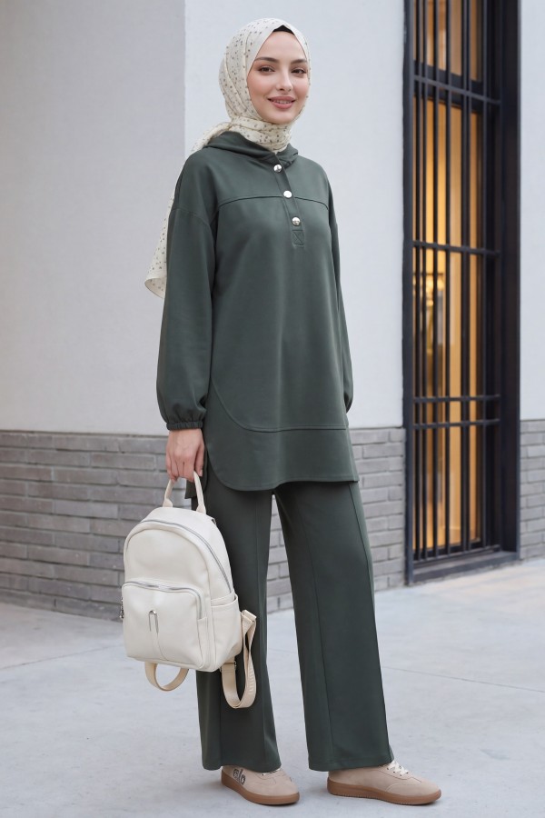 Hooded, Half-Buttoned, Elasticated Cuff Pants with Pockets Oysho Set -Camouflage