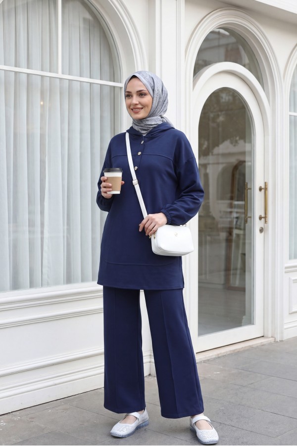 Hooded, Half-Buttoned, Elasticated Cuff Pants with Pockets Oysho Set -Navy blue