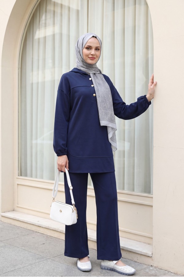 Hooded, Half-Buttoned, Elasticated Cuff Pants with Pockets Oysho Set -Navy blue