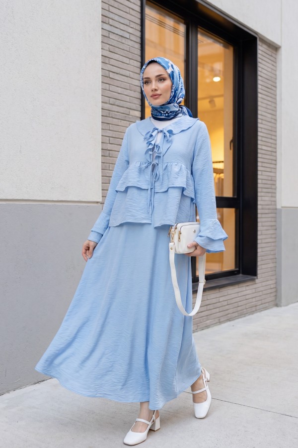 Cupra Kimono Set with Front Tie, Ruffles, Spanish Sleeves and Skirt -Baby Blue