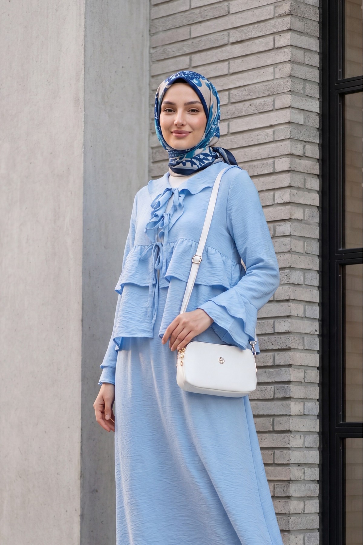 Cupra Kimono Set with Front Tie, Ruffles, Spanish Sleeves and Skirt -Baby Blue