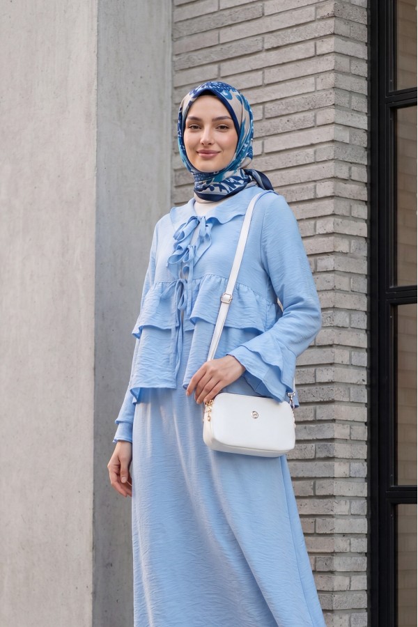 Cupra Kimono Set with Front Tie, Ruffles, Spanish Sleeves and Skirt -Baby Blue