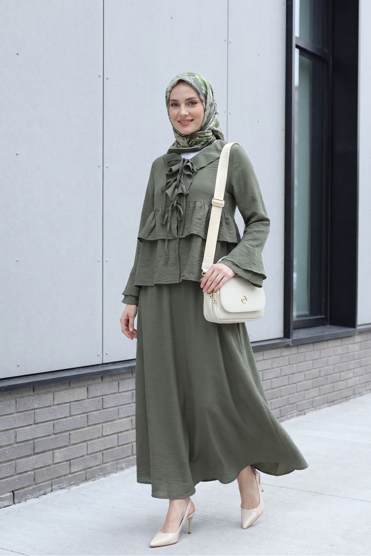 Cupra Kimono Set with Front Tie, Ruffles, Spanish Sleeves and Skirt -Khaki