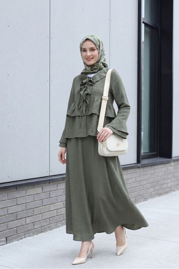 Cupra Kimono Set with Front Tie, Ruffles, Spanish Sleeves and Skirt -Khaki