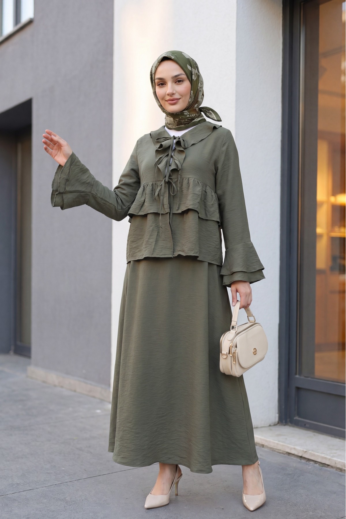 Cupra Kimono Set with Front Tie, Ruffles, Spanish Sleeves and Skirt -Khaki