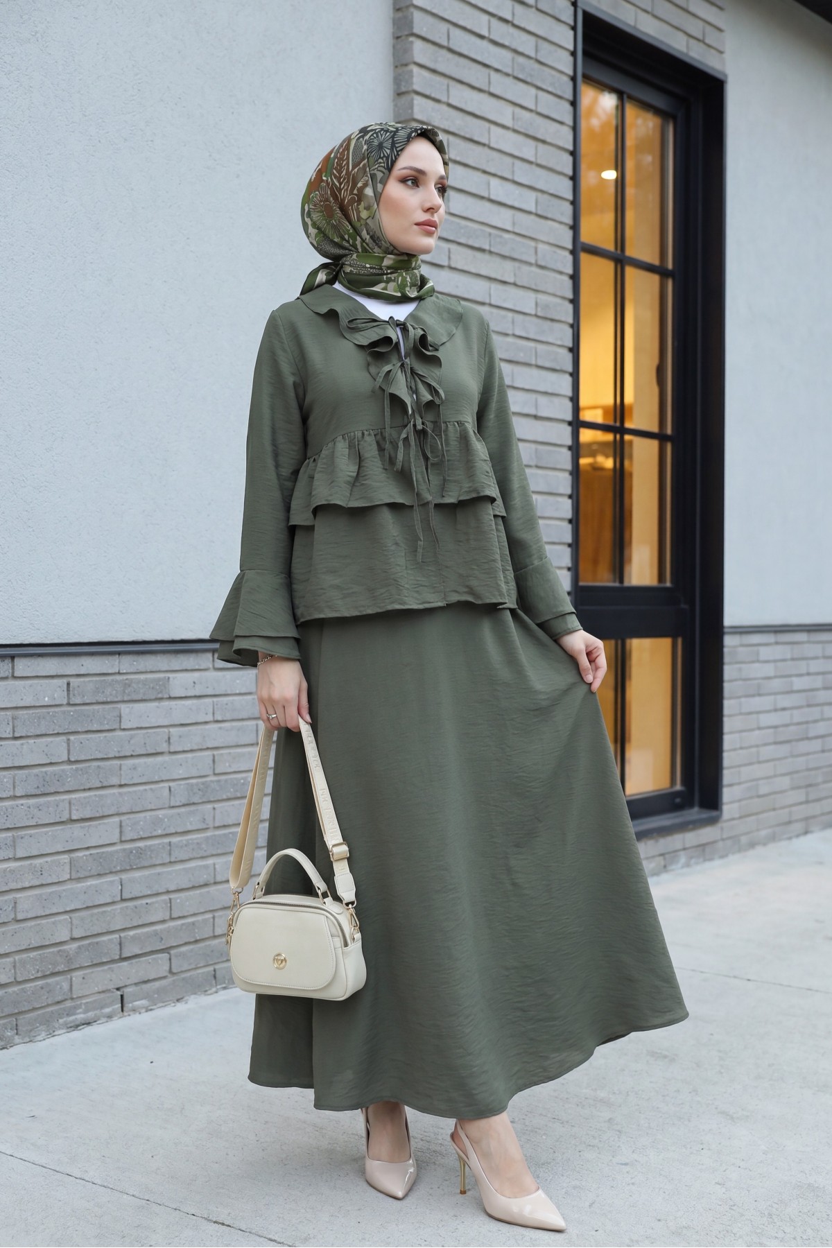 Cupra Kimono Set with Front Tie, Ruffles, Spanish Sleeves and Skirt -Khaki