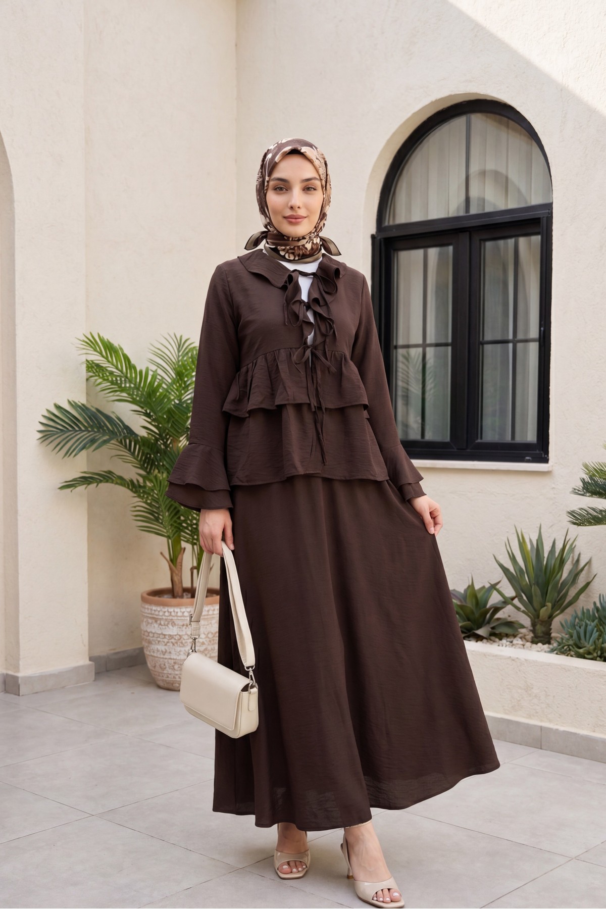 طقم كيمونو من الكوبرا برباط أمامي، وكشكشة، وأكمام إسبانية، وتنورة -بني محروق detay görseli